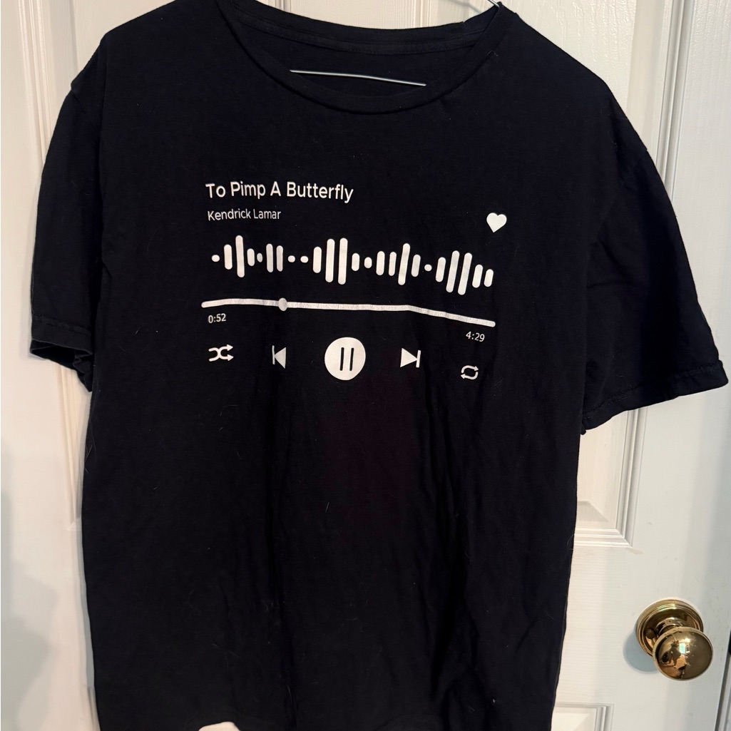 Black Tee With White Music Player Print To Pimp A Butterfly By K. Lamar, Men’s L